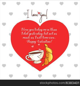 Vector greeting card with hearts. Happy Valentine&rsquo;s day. Coffee and a croissant.