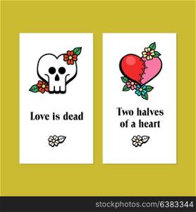 Vector greeting cards for Valentine&rsquo;s day. Heart stitched from two halves. Skull in the shape of a heart. Love is dead.