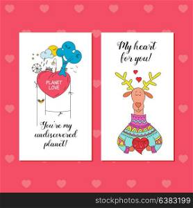 Vector greeting cards for Valentine&rsquo;s day. The planet of love. Reindeer in knitted sweater holding a heart. My heart for you.
