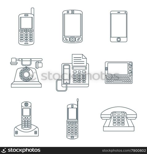 vector grey color outline various telephones gadgets devices icons set&#xA;