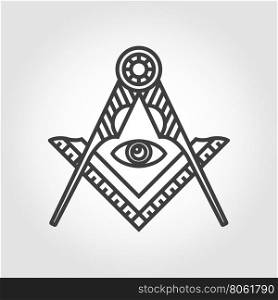 Vector grey masonic freemasonry emblem icon on grey background. Masonic square compass God symbol. Trendy alchemy element. Religion philosophy, spirituality, occultism, chemistry, science, magic