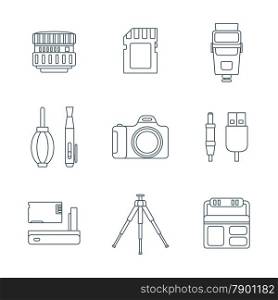 vector grey outline various digital photography equipment icons white background&#xA;