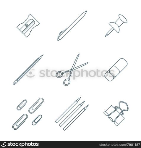 vector grey outline various stationery icons set white background&#xA;