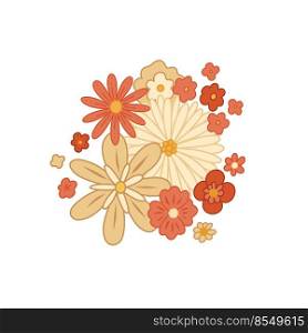 Vector groovy floral arrangement. Flower composition hippie clipart. Retro bouquet isolated from the background. Nature clipart for stickers, printing on t shirts, mugs, pillows. Vector groovy floral arrangement. Flower composition hippie clipart. Retro bouquet isolated from the background. Nature clipart