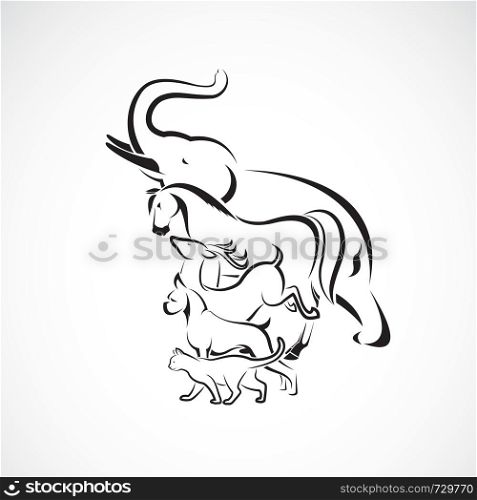 Vector group of animal design - Elephant, Horse, Deer, Dog, Cat, isolated on white background., Animal logo or Icon, Easy editable layered vector illustration.