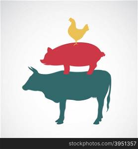 Vector group of animal farm label - cow,pig,chicken