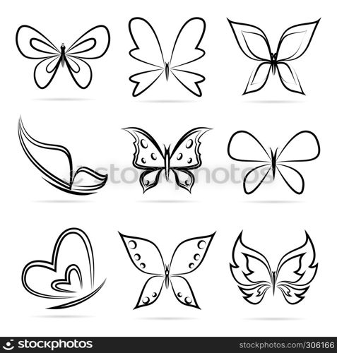 Vector group of butterflies on white background.