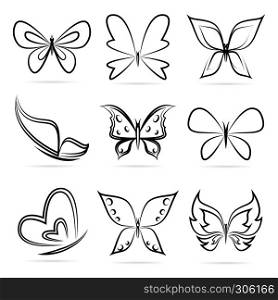 Vector group of butterflies on white background.