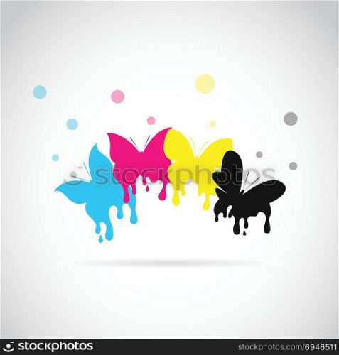 Vector group of butterfly colored cmyk print on white background.