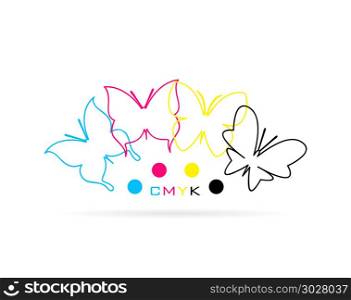 Vector group of butterfly colored cmyk print. Vector group of butterfly colored cmyk print on white background.