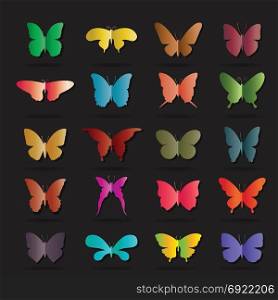 Vector group of colorful butterfly on black background. Butterfly icon. Insect. Animal Logo.