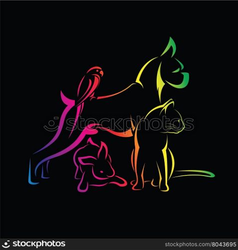 Vector group of pets - Dog, cat, bird, rabbit, isolated on black background