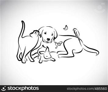 Vector group of pets - Dog, cat, parrot, rabbit, butterfly, Hummingbird isolated on white background. Pet. Animals. Easy editable layered vector illustration. Pet group.