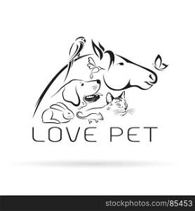 Vector group of pets - Horse, dog, cat, bird, butterfly, chameleon ,rabbit isolated on white background. Pet Icon.