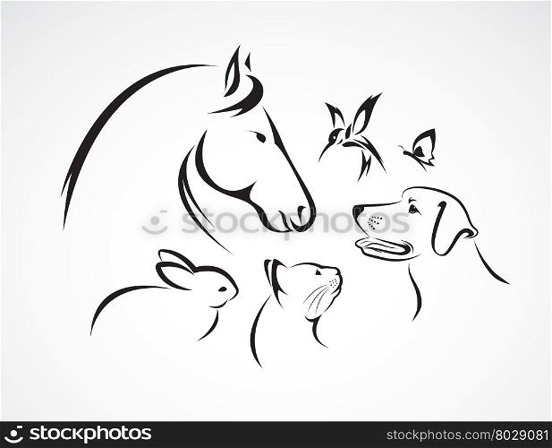 Vector group of pets - Horse, dog, cat, bird, butterfly, rabbit isolated on white background