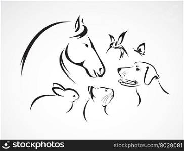 Vector group of pets - Horse, dog, cat, bird, butterfly, rabbit isolated on white background