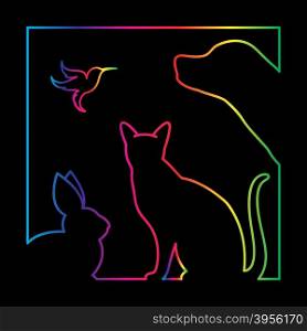 Vector group of pets in the frame - Dog, cat, bird, rabbit, Isolated on a black background