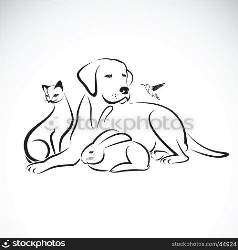 Vector group of pets on white background. Dog, Cat, Humming bird, Rabbit,
