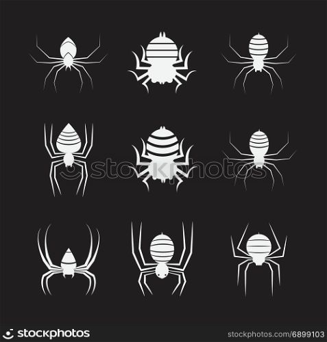 Vector group of spiders on black background. Insect. Animals. Spiders Icon.