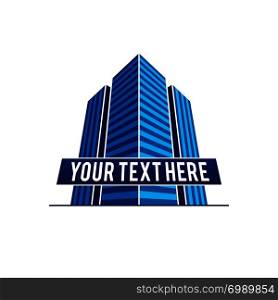 Vector group of three modern 3d skyscrapers isolated. Blue office buildings logo design.