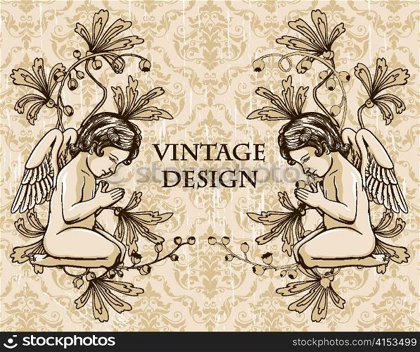 vector grunge damask background with angels
