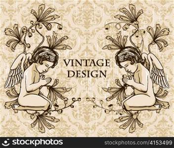 vector grunge damask background with angels
