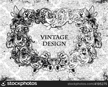 vector grunge damask background with floral frame
