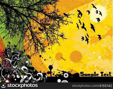 vector grunge floral background with birds