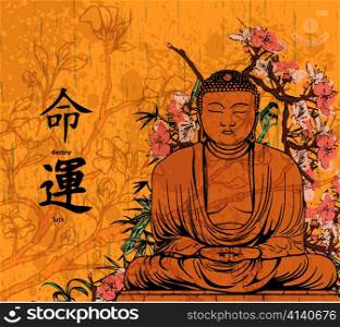 vector grunge floral background with buddha statue