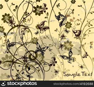 vector grunge floral background with butterflies
