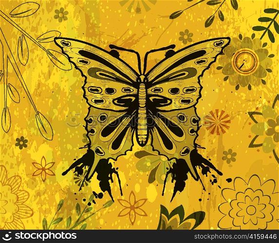 vector grunge floral background with butterfly