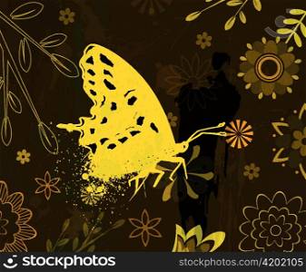 vector grunge floral background with butterfly
