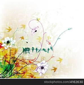 vector grunge floral background with flock of birds