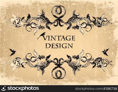 vector grunge floral frame with birds