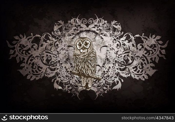 vector grunge floral illustration with owl