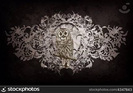 vector grunge floral illustration with owl