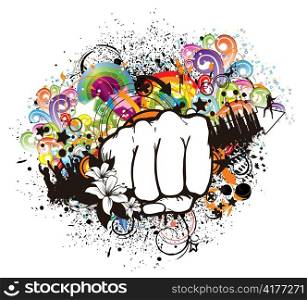 vector grunge illustration with fist and floral