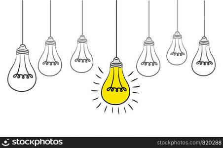Vector grunge illustration with hanging light bulbs and place for text. Modern hipster sketch style. Unique idea and creative thinking concept.
