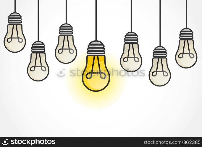 Vector grunge illustration with hanging light bulbs and place for text. Modern hipster sketch style. Unique idea and creative thinking concept.
