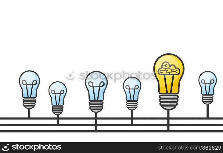 Vector grunge illustration with light bulbs and place for text. Modern hipster sketch style. Unique idea and creative thinking concept.
