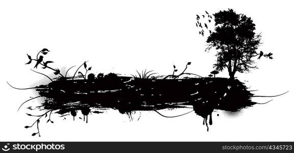 vector grunge illustration with tree and birds