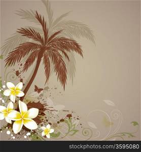 Vector grunge tropical background with flowers and palm