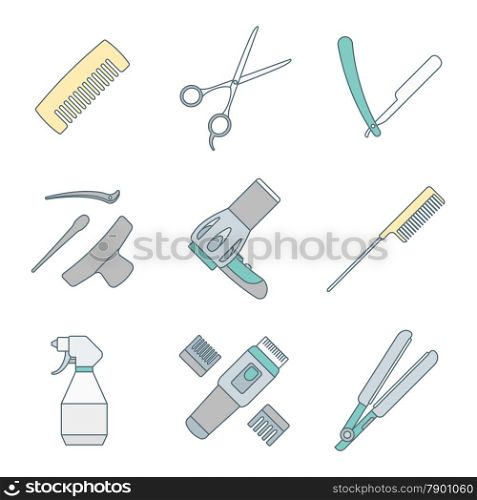 vector hairdresser barber tools equipment colored outline icons set&#xA;