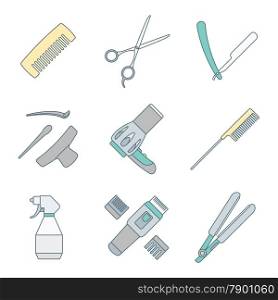 vector hairdresser barber tools equipment colored outline icons set&#xA;