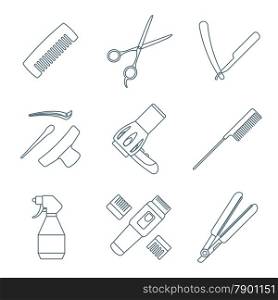 vector hairdresser barber tools equipment dark grey color outline icons set white background&#xA;