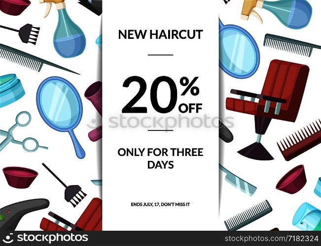 Vector hairdresser or barber cartoon elements sale background with vertical ribbon and place for text illustration. Vector hairdresser or barber cartoon elements sale background