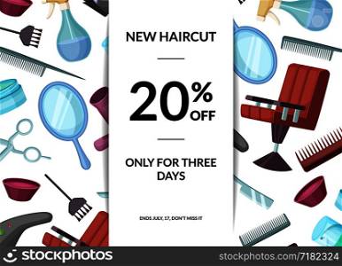 Vector hairdresser or barber cartoon elements sale background with vertical ribbon and place for text illustration. Vector hairdresser or barber cartoon elements sale background