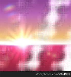Vector halftone dotted mosaic with sun flares and bokeh