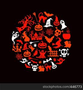 Vector halloween background with witches, pumpkins, ghosts, spiders silhouettes isolated on dark background illustration. Vector halloween background with witches, pumpkins, ghosts