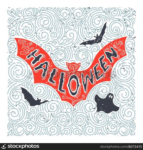 Vector Halloween bat. Hand drawn lettering halloween in grunge vintage style. Best for greeting card, posters, flayers.